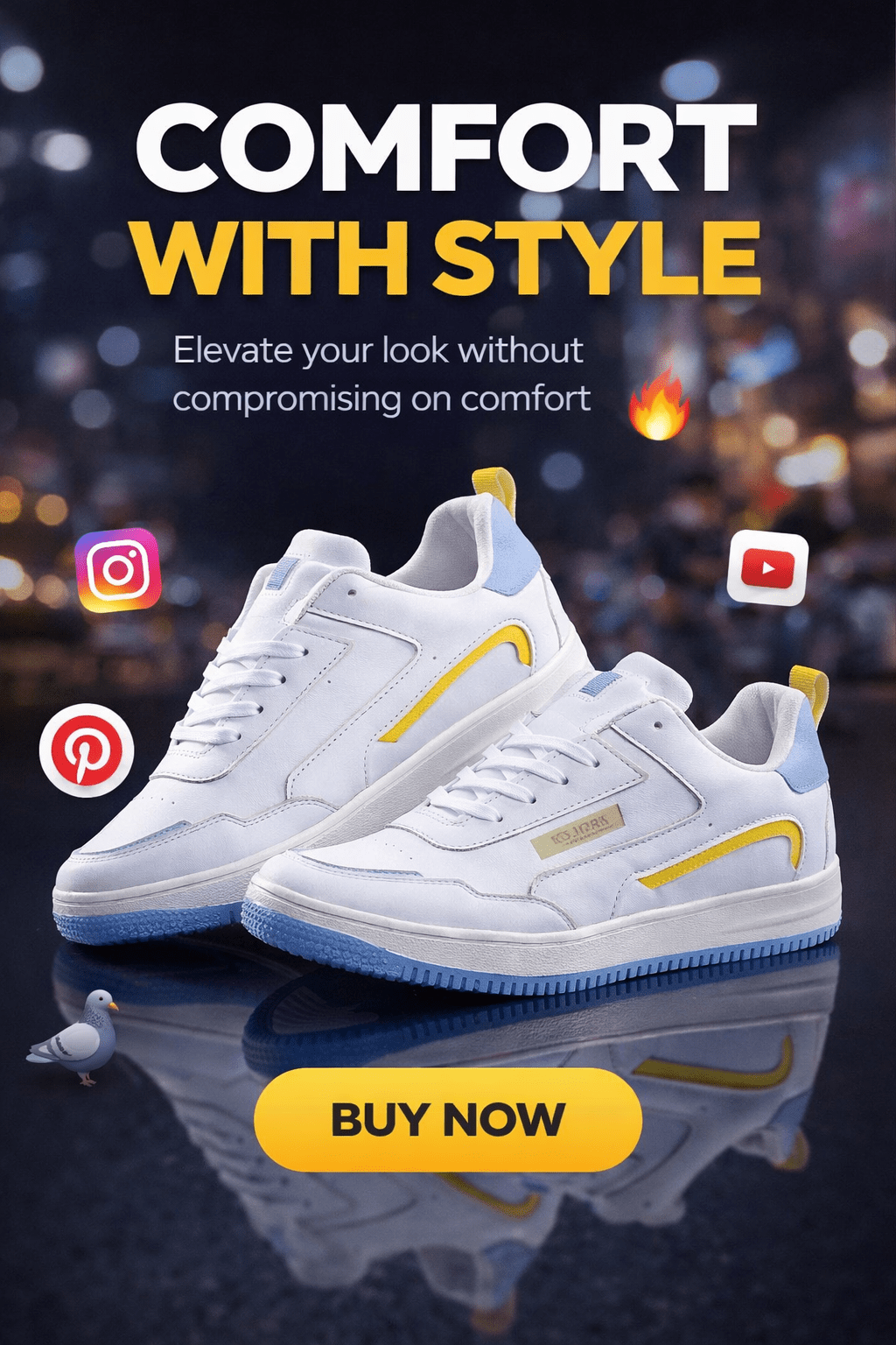 Stylish white sneakers with yellow accents in a digital marketing promo, comfort with style, buy now CTA